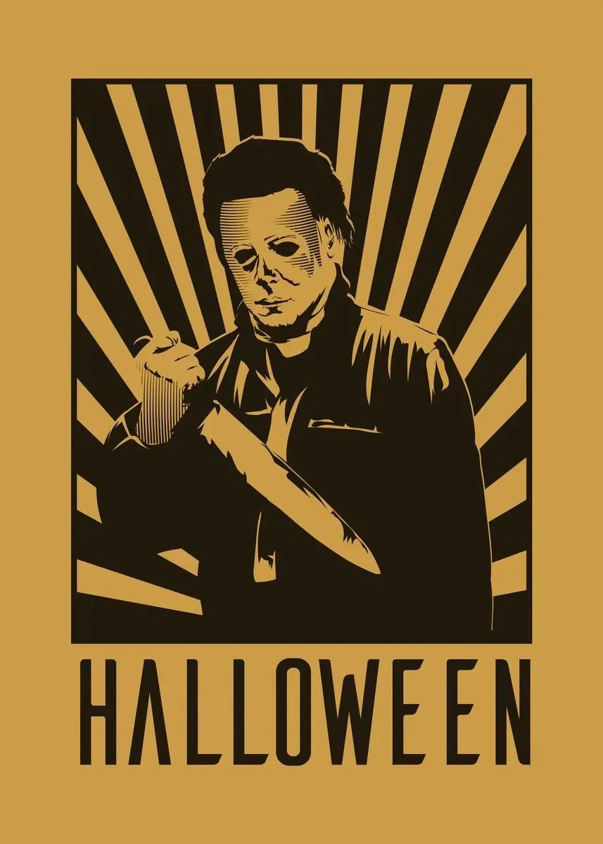 A black silhouette of Michael Myers with a knife against a yellow background featuring radiating black lines and the word HAL