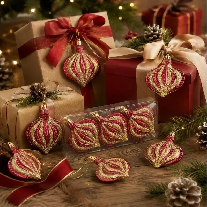 A collection of red and gold flat onion-shaped Christmas ornaments wrapped in festive paper and greenery.