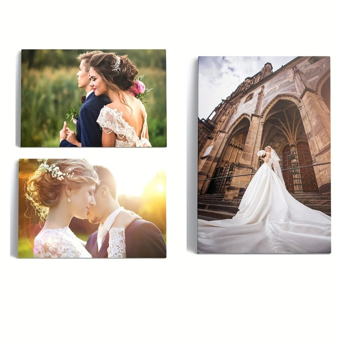 A set of three vertical photo canvases featuring wedding and portrait photography.