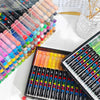 A collection of 36 color acrylic paint markers in various shades arranged in a box and laid out on a white surface.