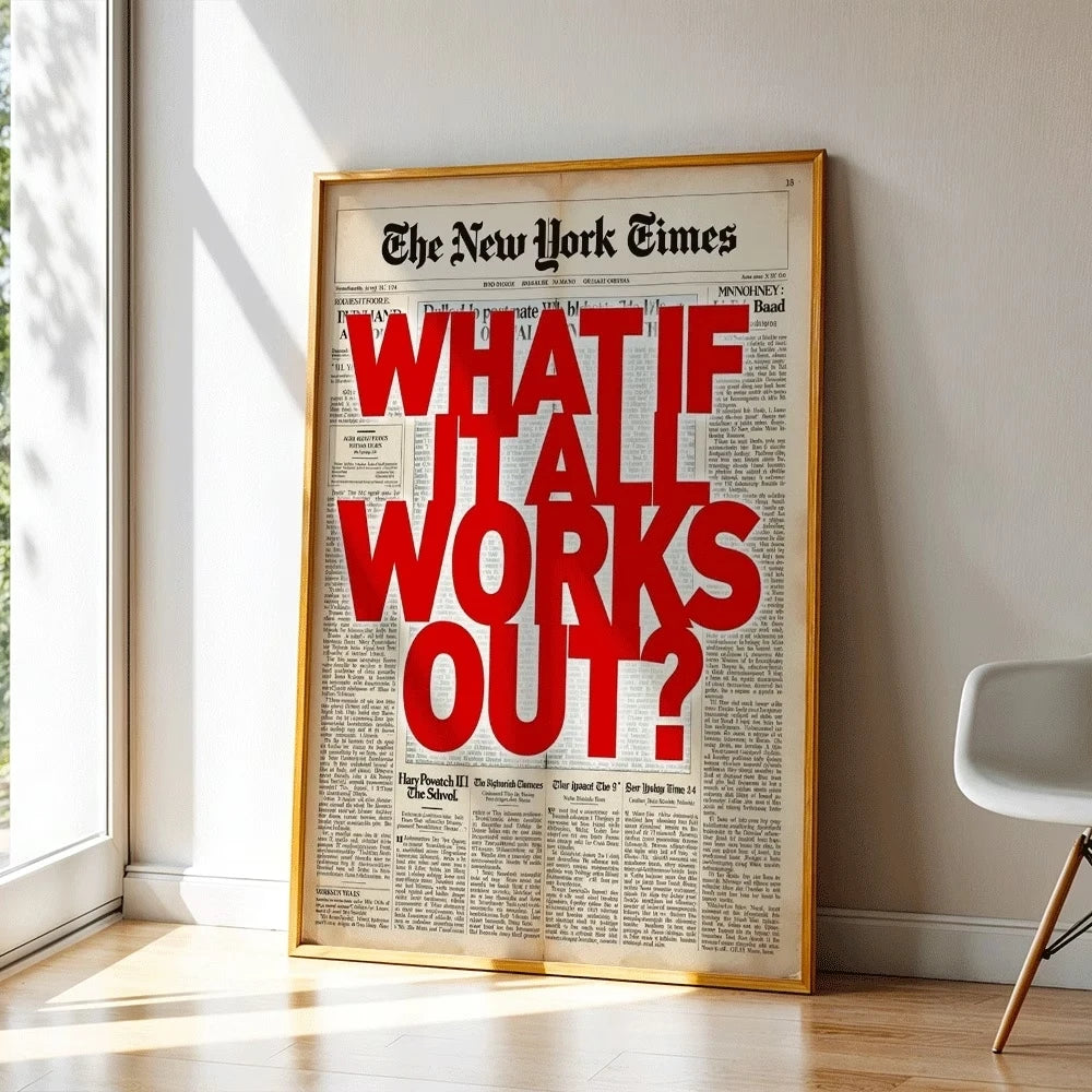 Framed vintage newspaper clipping titled What If It All Works Out displayed on a white wall.