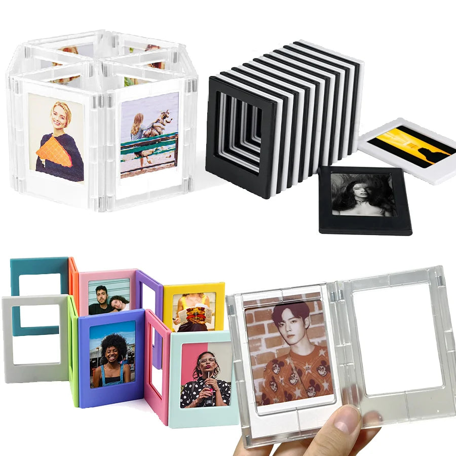 A collection of magnetic mini photo frames in various colors and sizes, including square and rectangular designs.