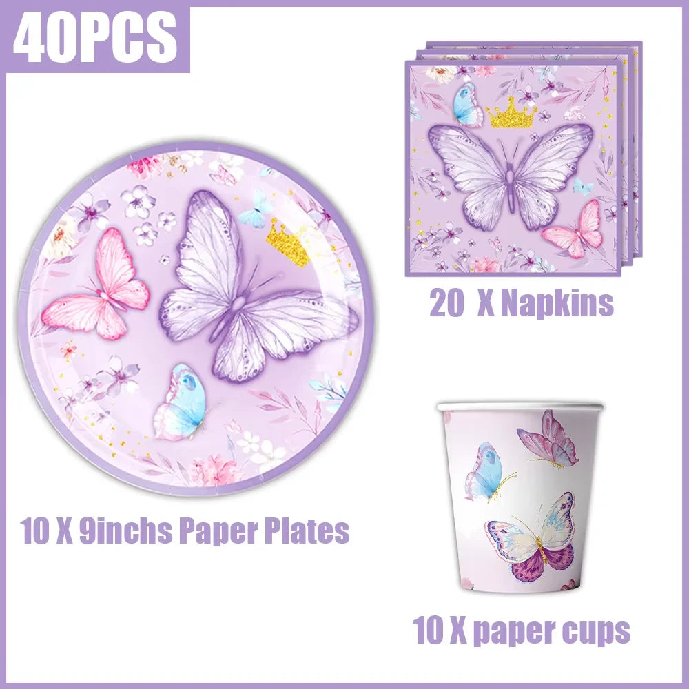 A set of butterfly-themed disposable party items including paper plates, napkins, and cups.
