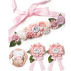Pink floral maternity sash and corsage pin set for baby shower featuring roses and greenery