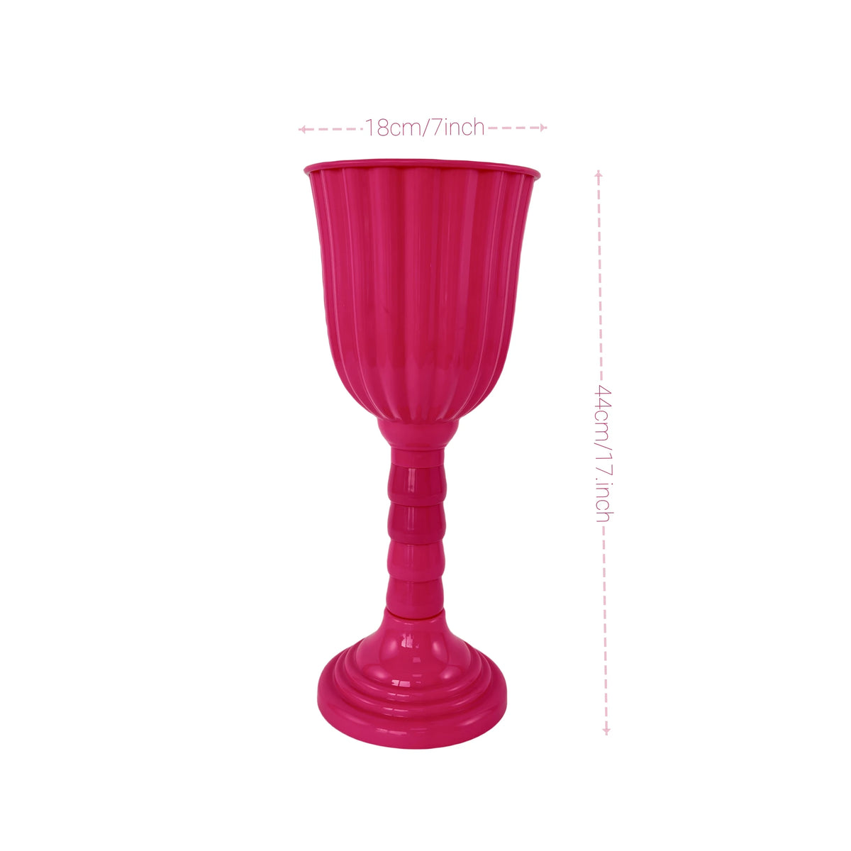 A bright pink, elegant cylinder flower vase with a flared rim and pedestal base.