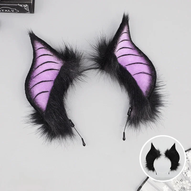 Pair of black faux bat ears with purple accents for cosplay and performance