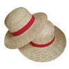 A straw hat with a wide brim and a red band, shown from above.