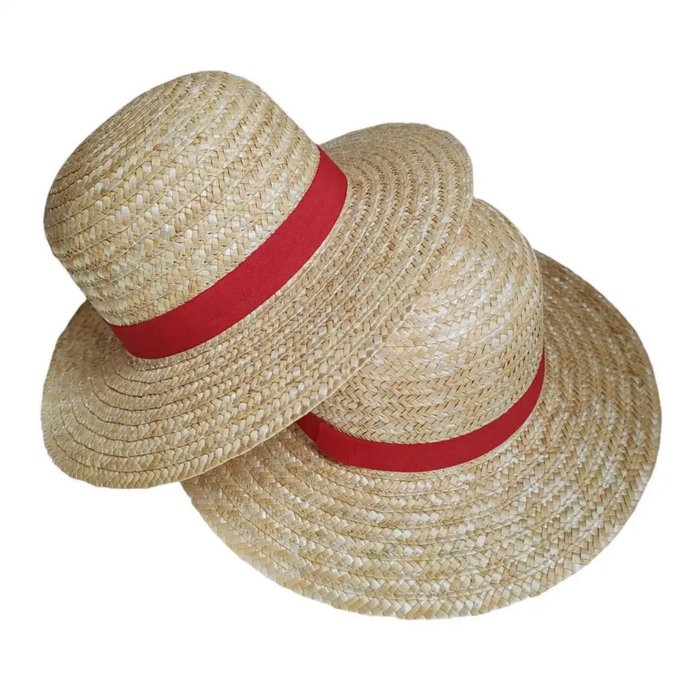 A straw hat with a wide brim and a red band, shown from above.