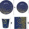 A set of blue and gold disposable party tableware including plates and a cup.