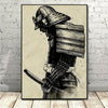 Black and white illustration of a samurai warrior in armor holding a sword.