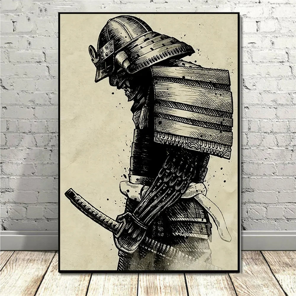 Black and white illustration of a samurai warrior in armor holding a sword.