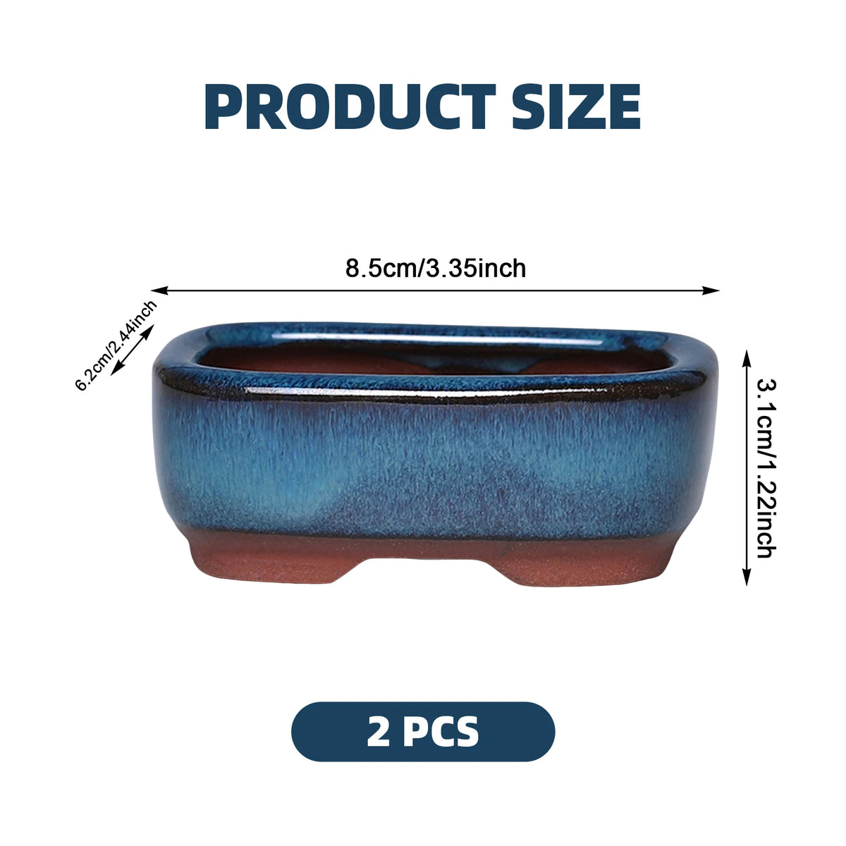 A ceramic succulent planter in a blue-green color shown with dimensions and two pieces.