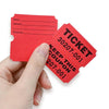 A hand holds a red tearable ticket with fields for name, address, and phone number.