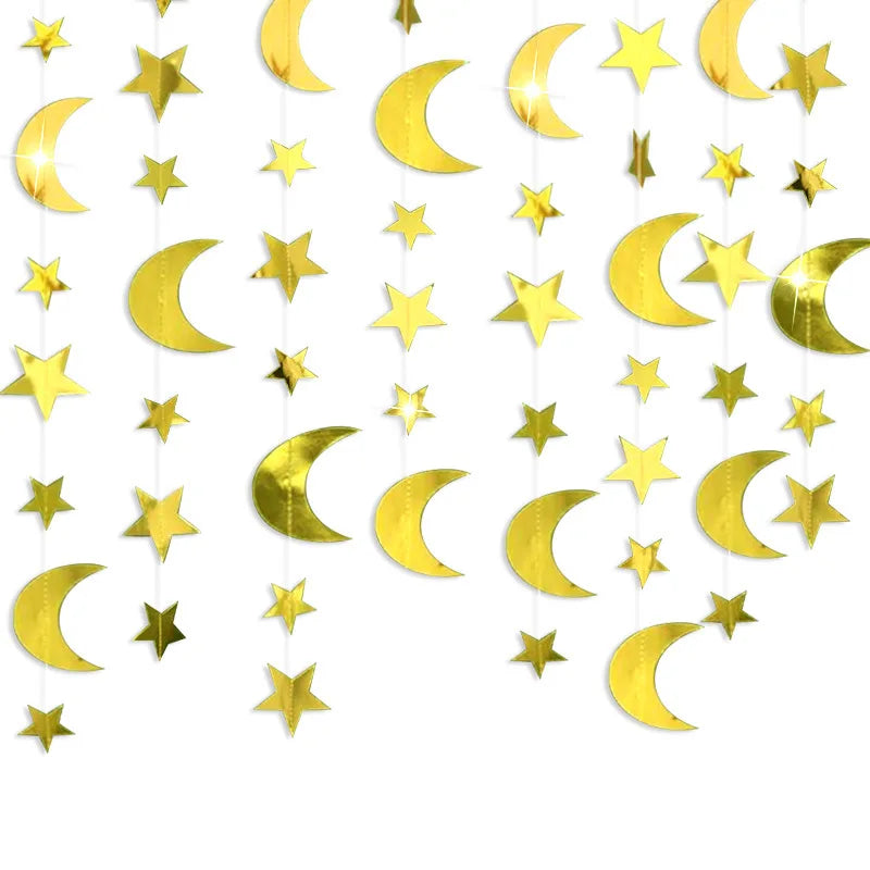 Metallic gold and silver star and crescent moon paper garland for party bunting