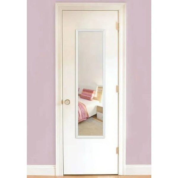 A large rectangular wall mirror with a white frame is installed in a light purple door frame.