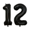 A set of two giant black foil balloons shaped like the numbers 1 and 2.