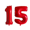 Two red helium foil number balloons shaped like 15