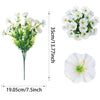A bunch of white artificial eucalyptus and morning glory flowers displayed with dimensions.