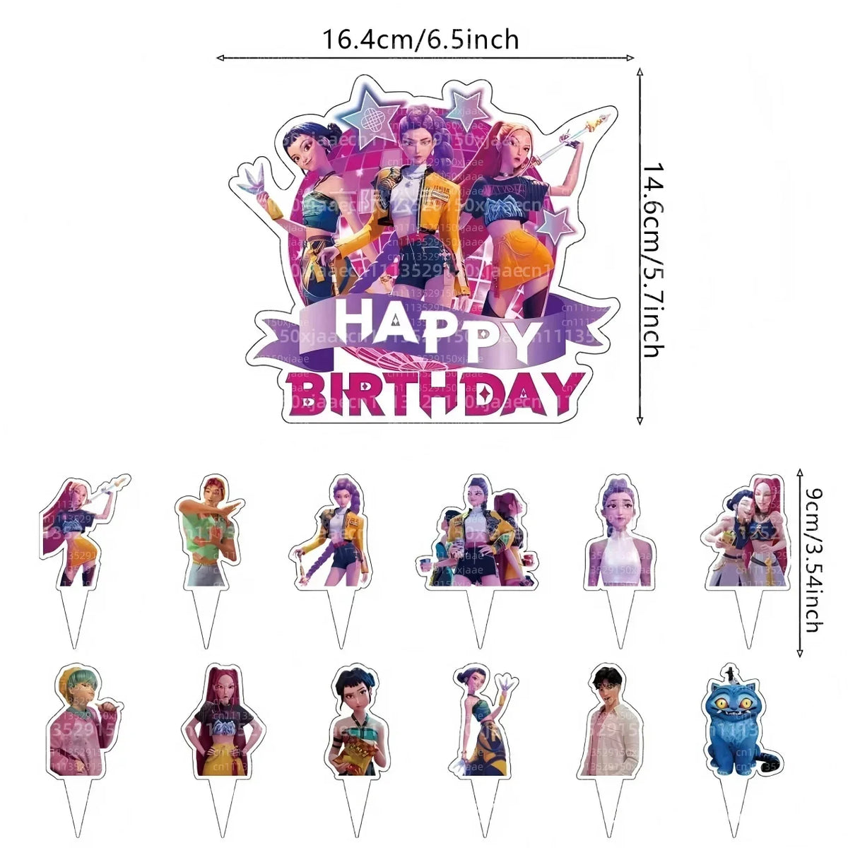 A set of anime hunter girl cake toppers featuring various characters and a happy birthday design.