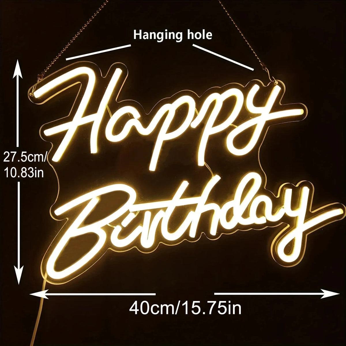 A glowing neon sign shaped like Happy Birthday is hanging against a dark background.