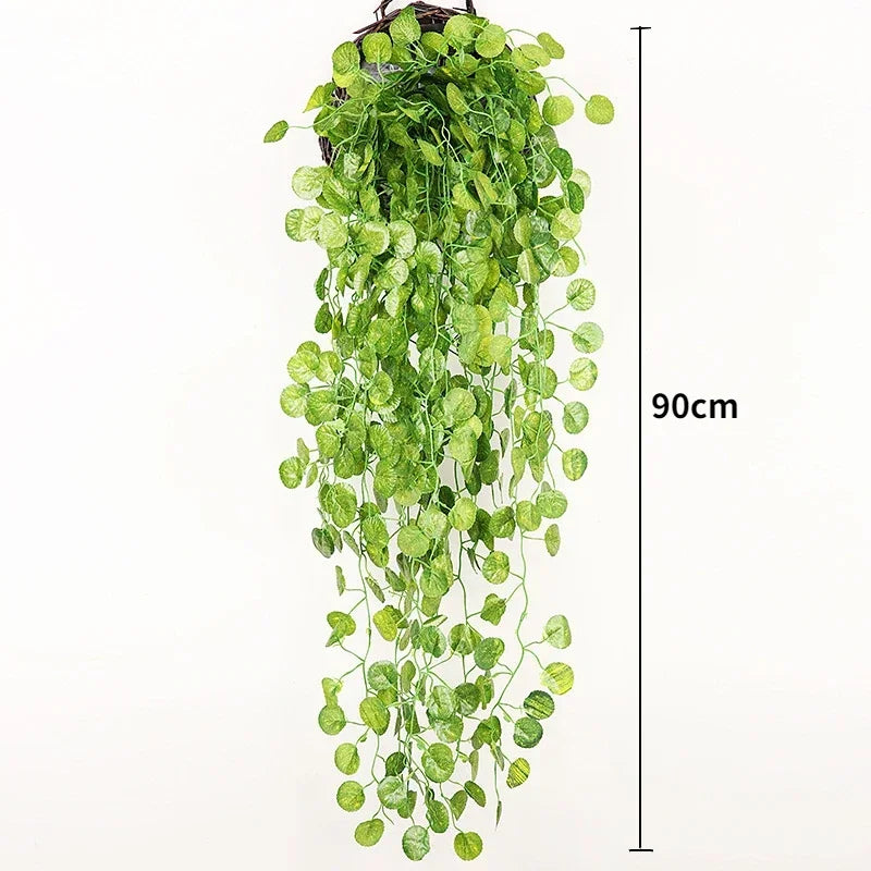 A long, cascading garland of artificial green ivy vines measuring 90cm for indoor and outdoor decoration.