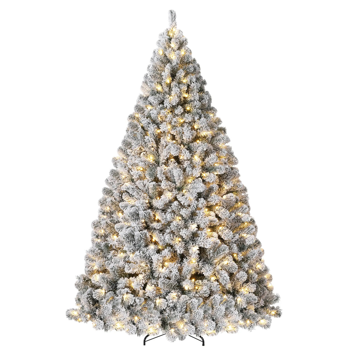 A flocked artificial Christmas tree decorated with warm white LED lights.