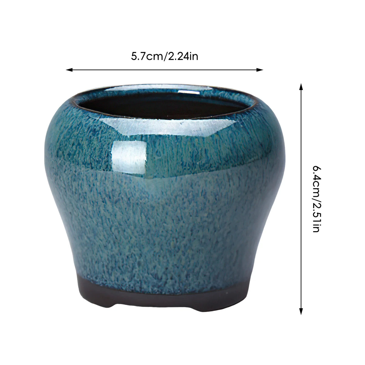 Maceta de suculenta con esmalte azul cerámico y cuerpo cónico.