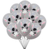A bunch of gray latex balloons shaped like farm animals with black and pink features