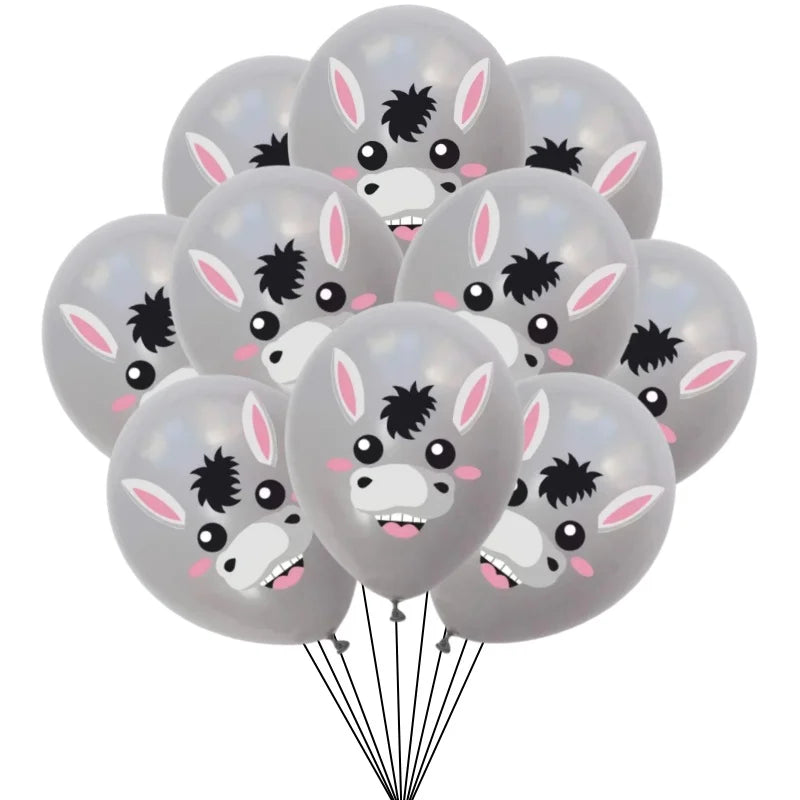 A bunch of gray latex balloons shaped like farm animals with black and pink features