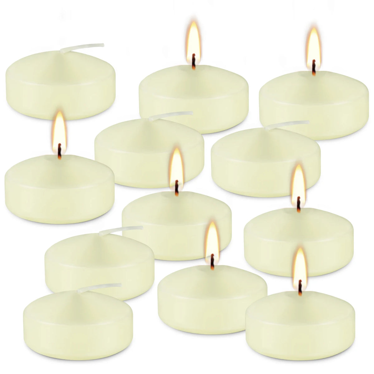 A set of twelve ivory soy wax floating candles in various sizes and shapes.