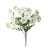 A bouquet of white artificial silk flowers with green leaves.