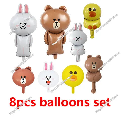 A set of eight cute animal-themed balloons featuring bear and rabbit designs for a birthday celebration