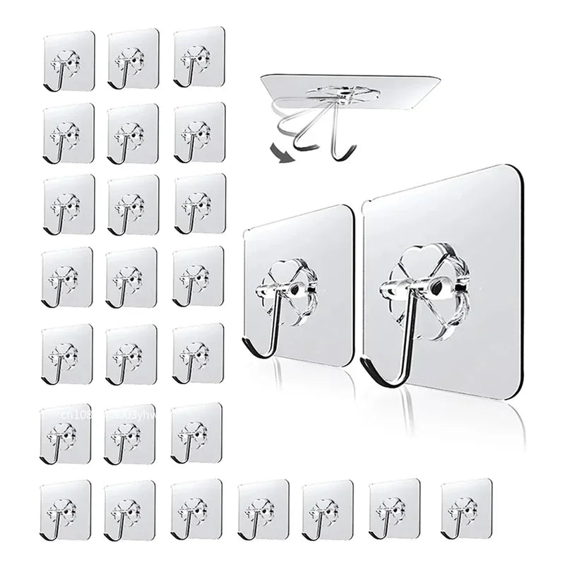 A set of self-adhesive rotating wall hooks for hanging coats, towels, and keys.