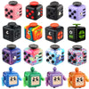 A collection of colorful fidget cubes in various geometric shapes and colors for stress relief and sensory play.