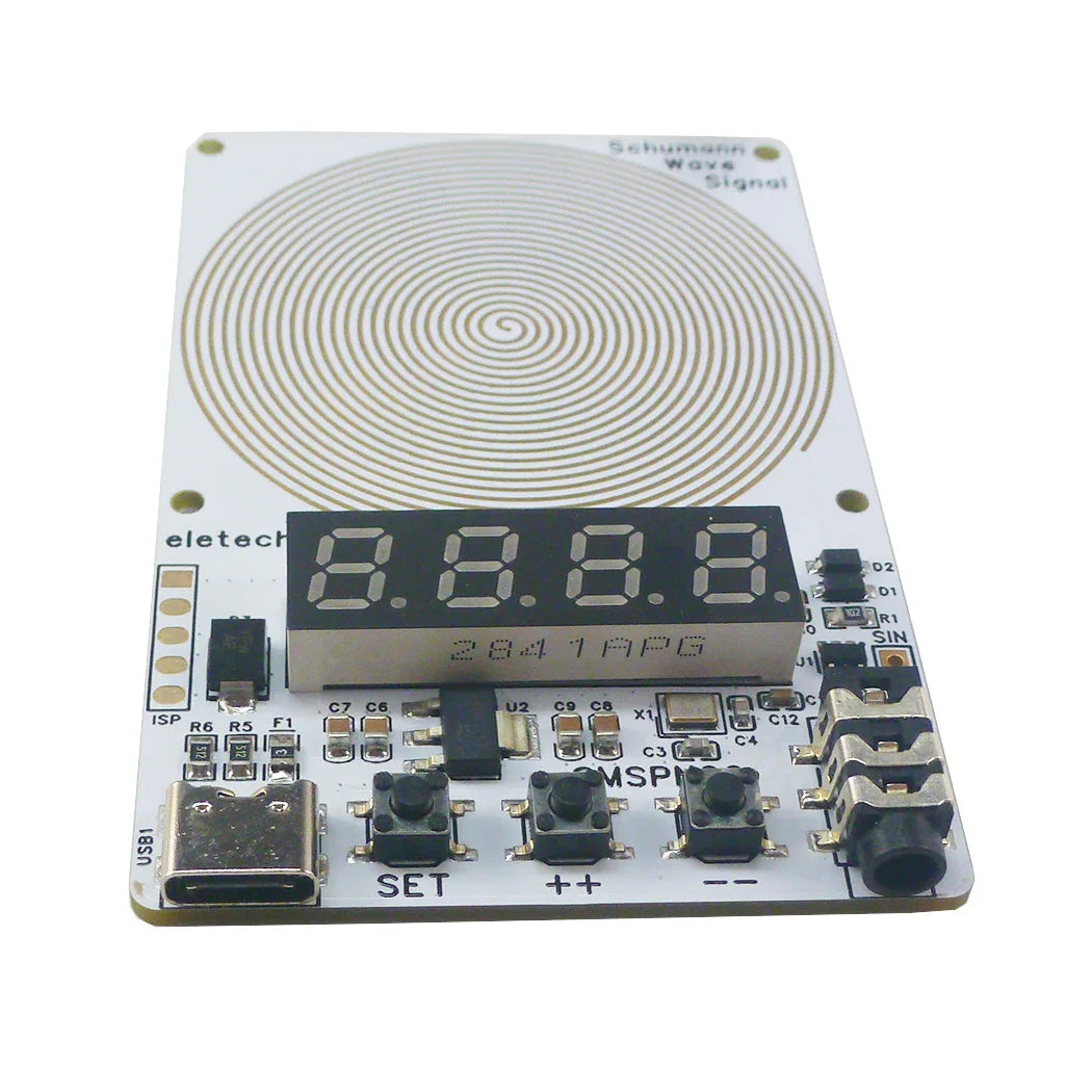 A small electronic board for an adjustable Schumann resonance wave signal generator with a spiral diagram and various connect
