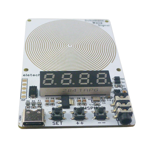 A small electronic board for an adjustable Schumann resonance wave signal generator with a spiral diagram and various connect