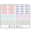 A grid of white name tags with various customizable text options and icons for different uses.
