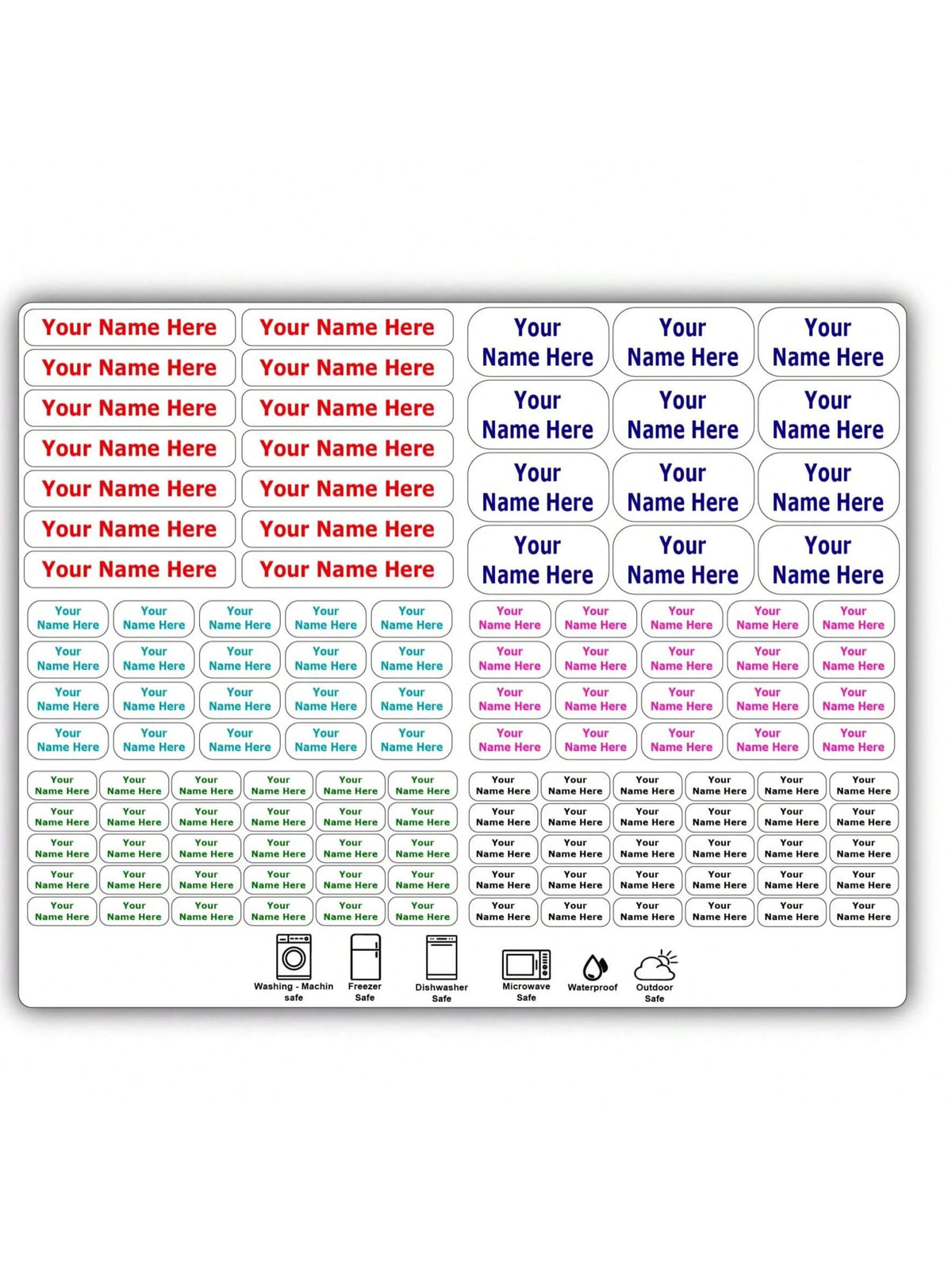 A grid of white name tags with various customizable text options and icons for different uses.