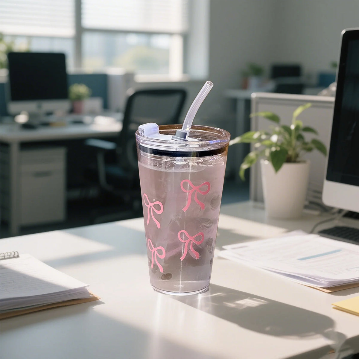 A clear pink plastic cup with a lid and straw sits on a white desk next to papers.