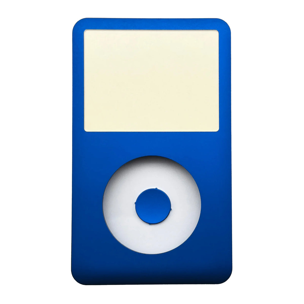 Blue iPod front faceplate with a white screen and a circular replacement part visible.