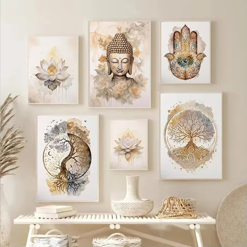 A set of canvas wall art featuring a Nordic Tree of Life and Buddha designs in earthy tones.