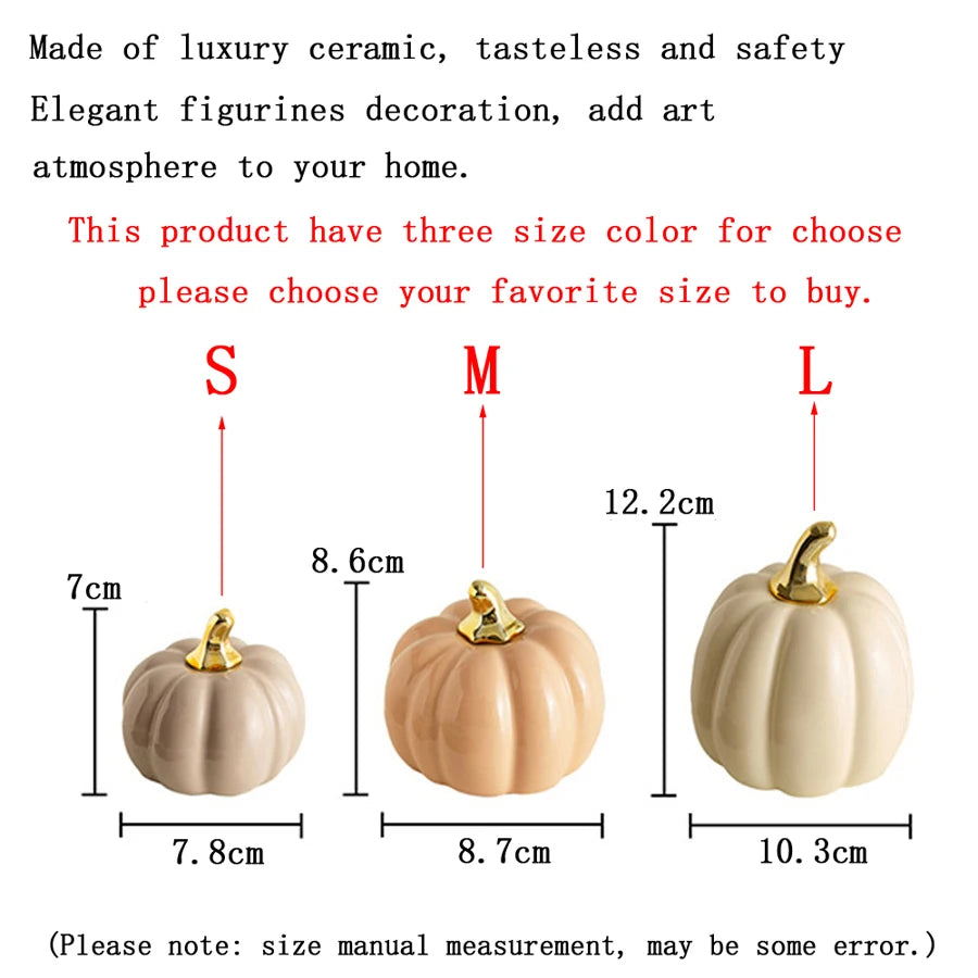 Three sizes of elegant ceramic pumpkin figurines in natural tones, available in small, medium, and large.