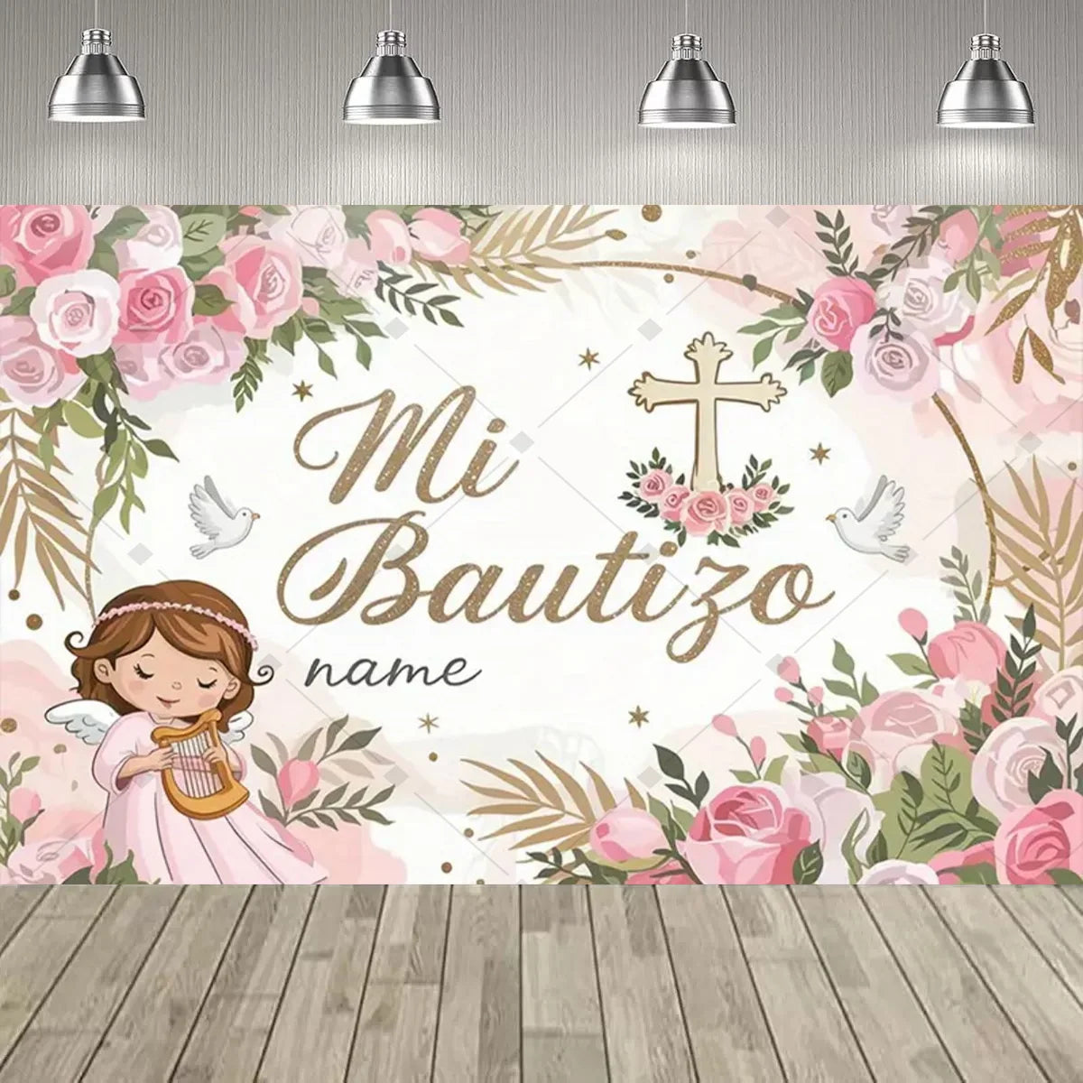 A floral backdrop for a First Communion featuring a cross, delicate roses, and a child.