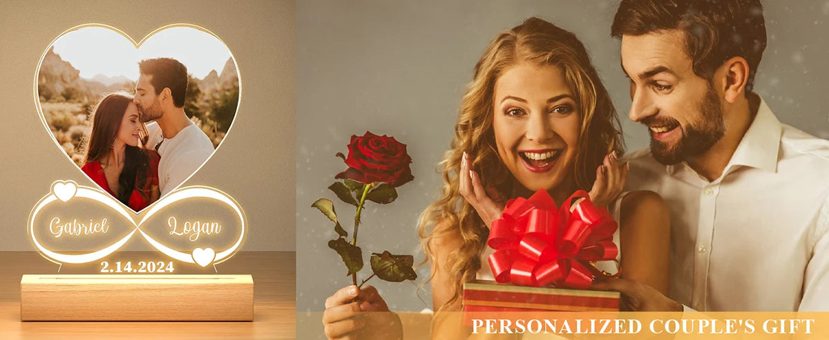 A personalized couple's gift featuring a glowing acrylic frame with names and date, alongside a woman holding a red rose and 