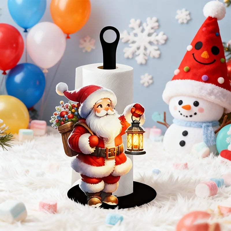 A festive Santa Claus design holder made of kitchen paper towel rolls, featuring a beard and festive clothing.