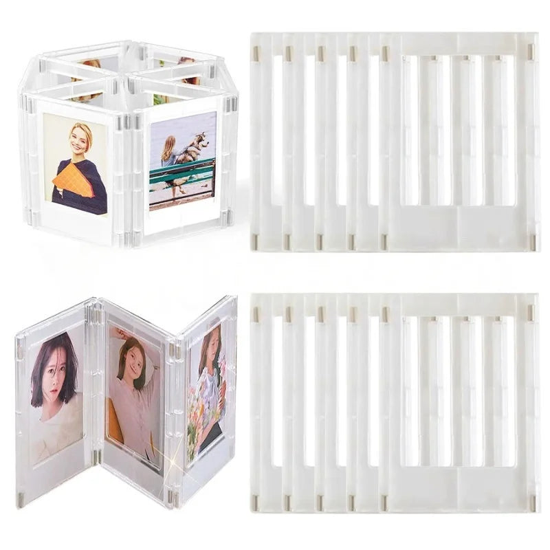 A set of magnetic mini photo frames for Instax Mini and Polaroid pictures, shown in various configurations.