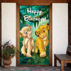 A vibrant backdrop featuring two cartoon lion cubs celebrating a happy birthday on a wooden door cover.