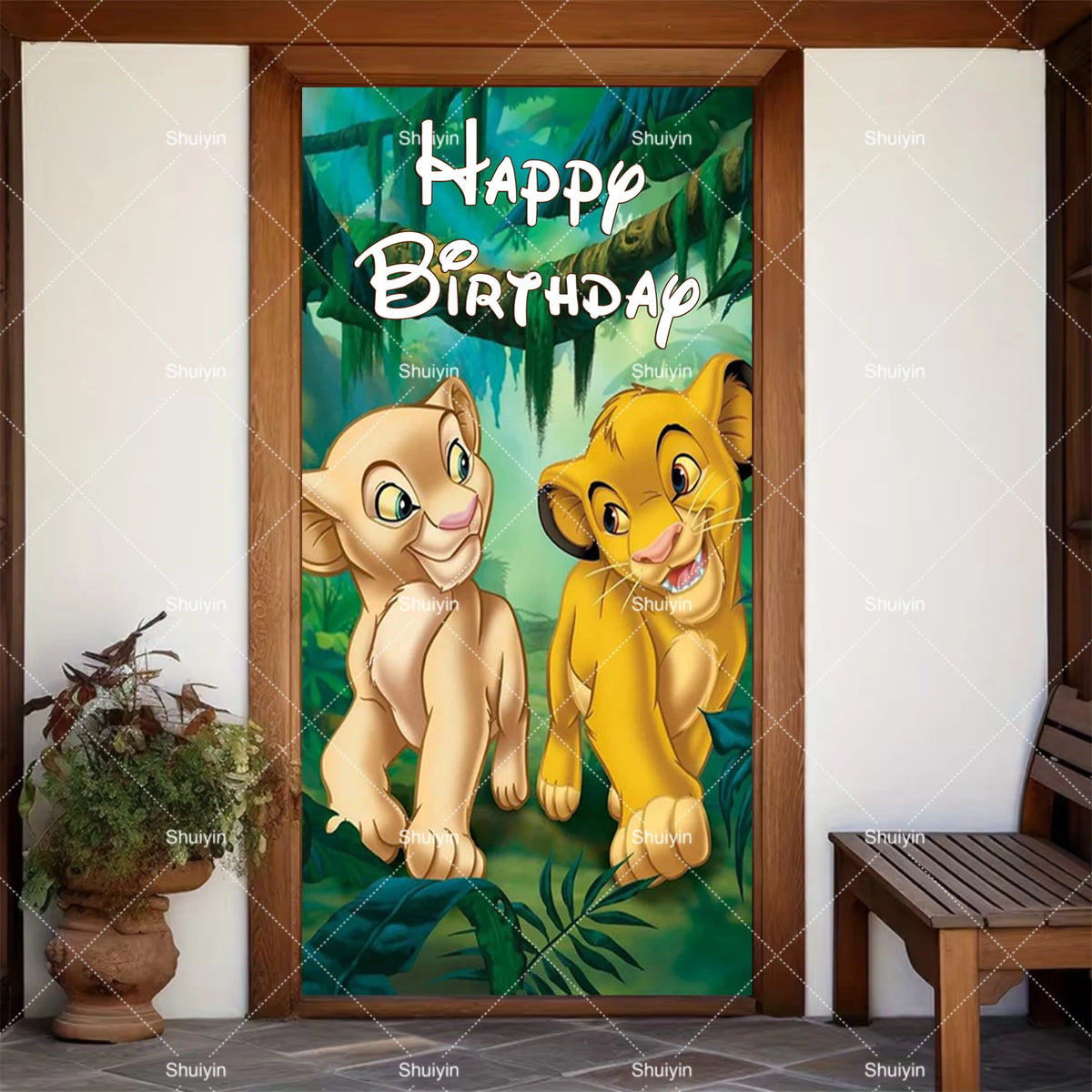 A vibrant backdrop featuring two cartoon lion cubs celebrating a happy birthday on a wooden door cover.