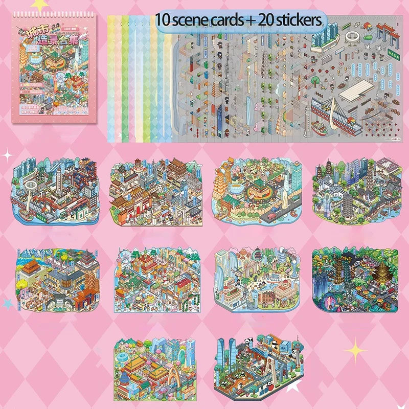 A set of ten scene cards and twenty stickers featuring miniature 3D scenes for kids.