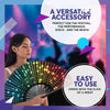 A woman holds an open folding bamboo hand fan, showcasing its versatile accessory design.